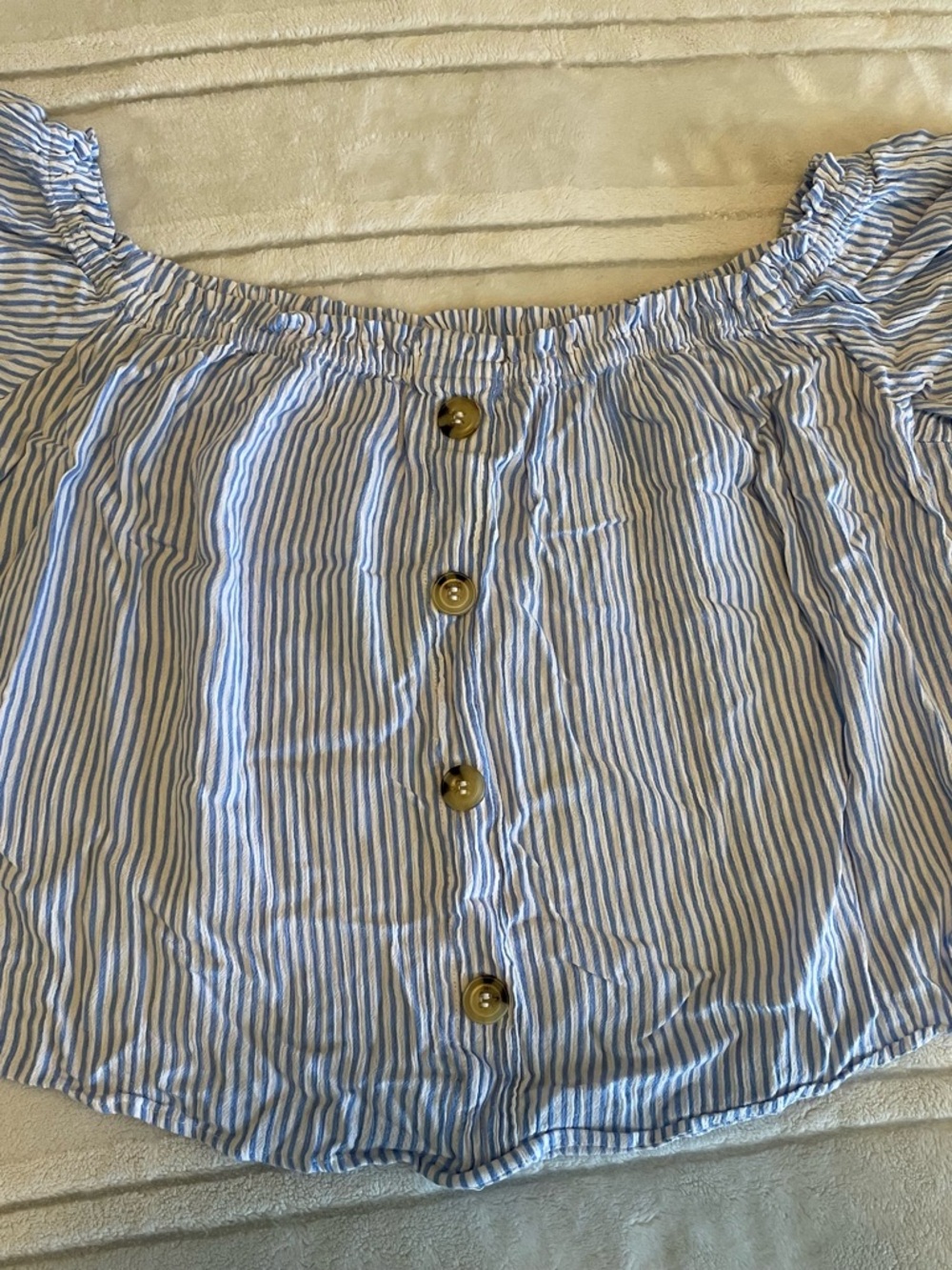 Divided Blue and White Striped Off-Shoulder Button Crop Top